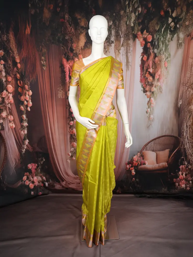 Light Green Pure Kanchipuram Bridal Silk Saree With Geometric Design On The Body With Zari Border 1