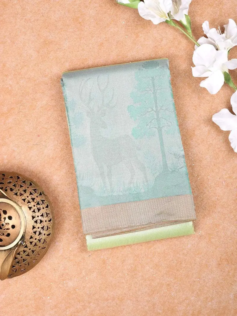 Light Green Pure Kanchipuram Bridal Silk Saree With Stripes Design On The Body With Zari Border 1