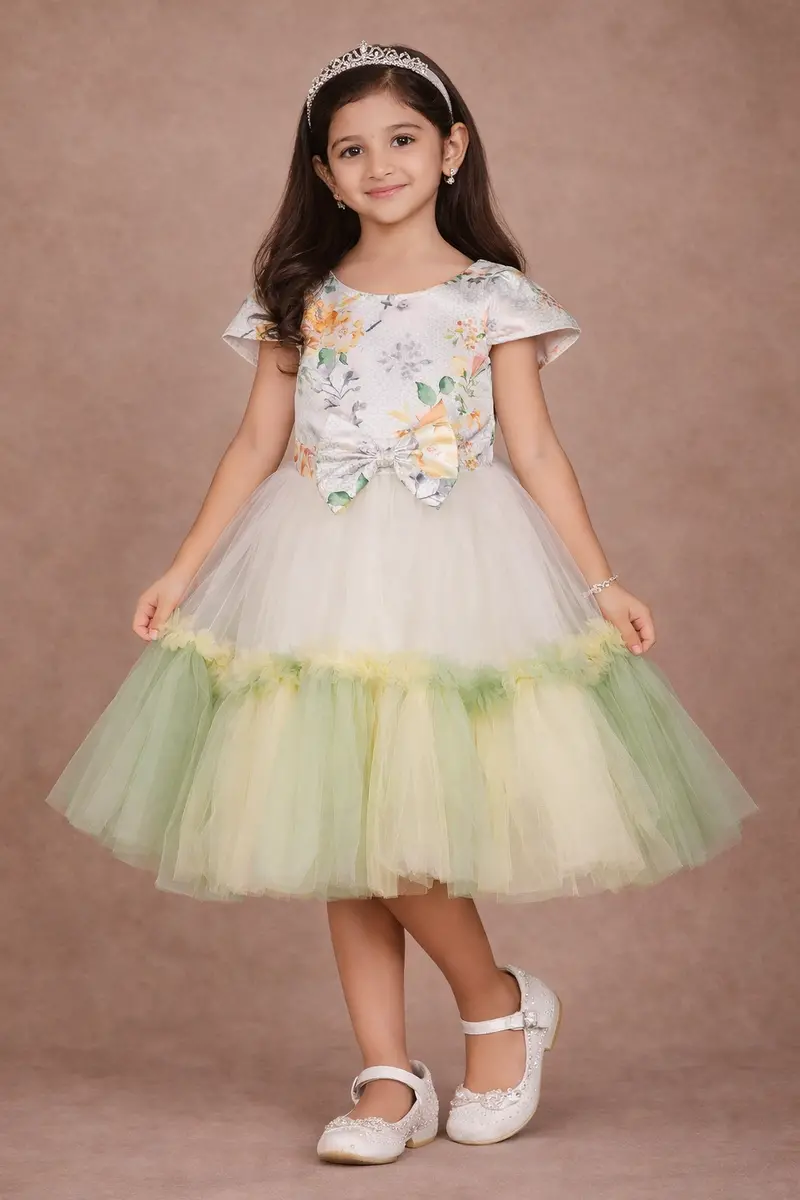 Light Green Satin With Net Frilled Gown Adorned With Floral Prints And Attached Bow 1