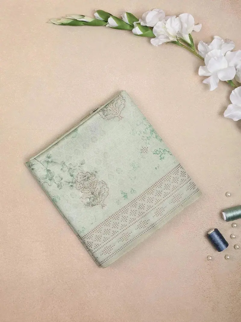 Light Green Semi Tussar Silk Saree With Floral Design On The Body With Designed Border 1
