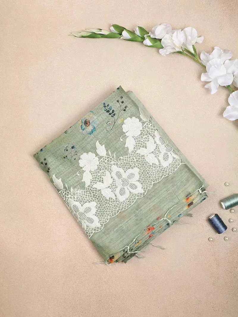 Light Green Semi Tussar Silk Saree With Flower Design On The Body And Without Border 1
