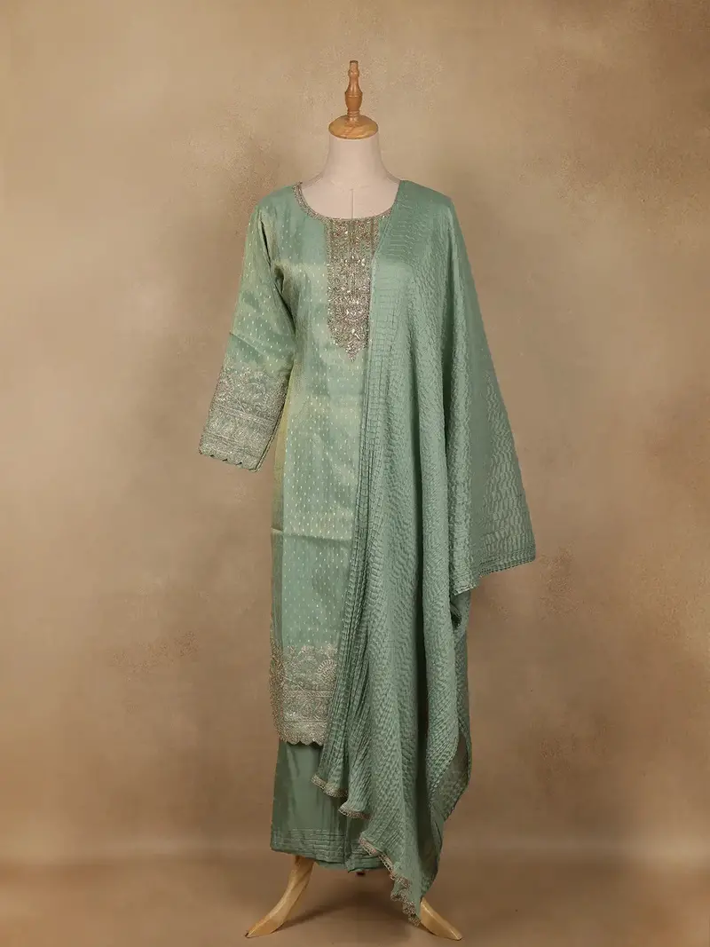 Light Green Silk Salwar Suit With Floral Embroidery 1