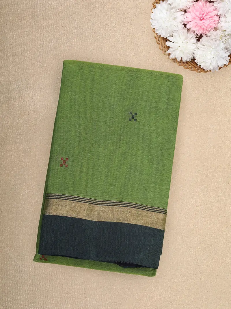 Light Green Small Butta Cotton Saree With Contrast Black Zari Border 1