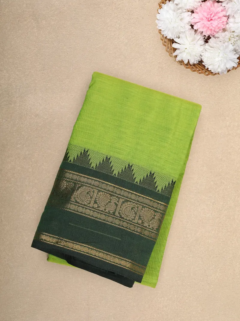 Light Green Solid Design Cotton Saree With Green Temple Border 1