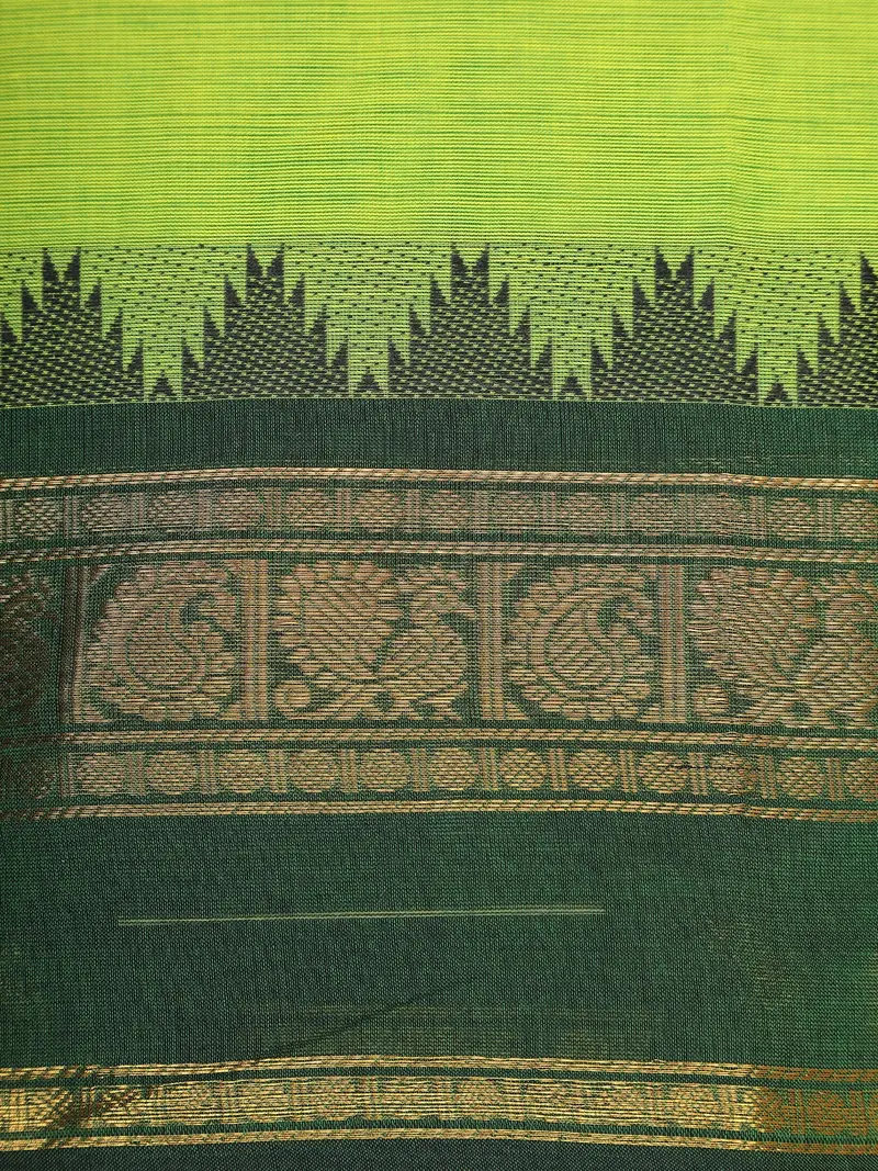 Light Green Solid Design Cotton Saree With Green Temple Border 2