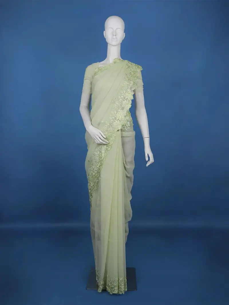 Light Green Solid Design Tissue Saree With Scalloped Floral Embroidered Border 1