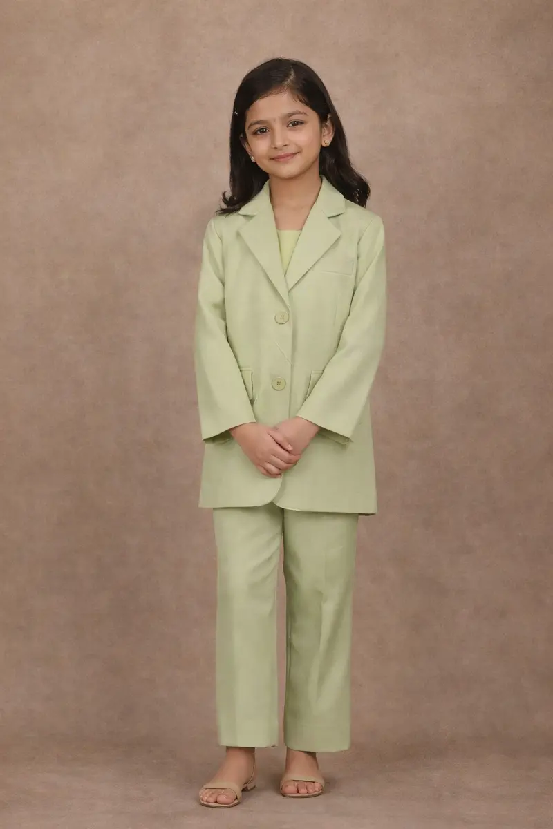 Light Green Solid Single-Breasted Blazer With Flap Pockets 1