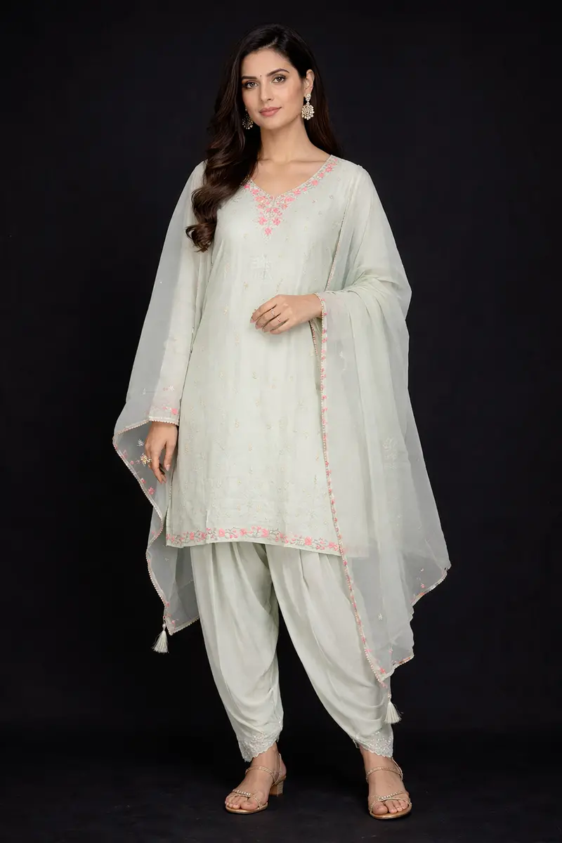 Light Green Straight Cut Salwar Suit Adorned With Sequins And Floral Design With Dupatta 1