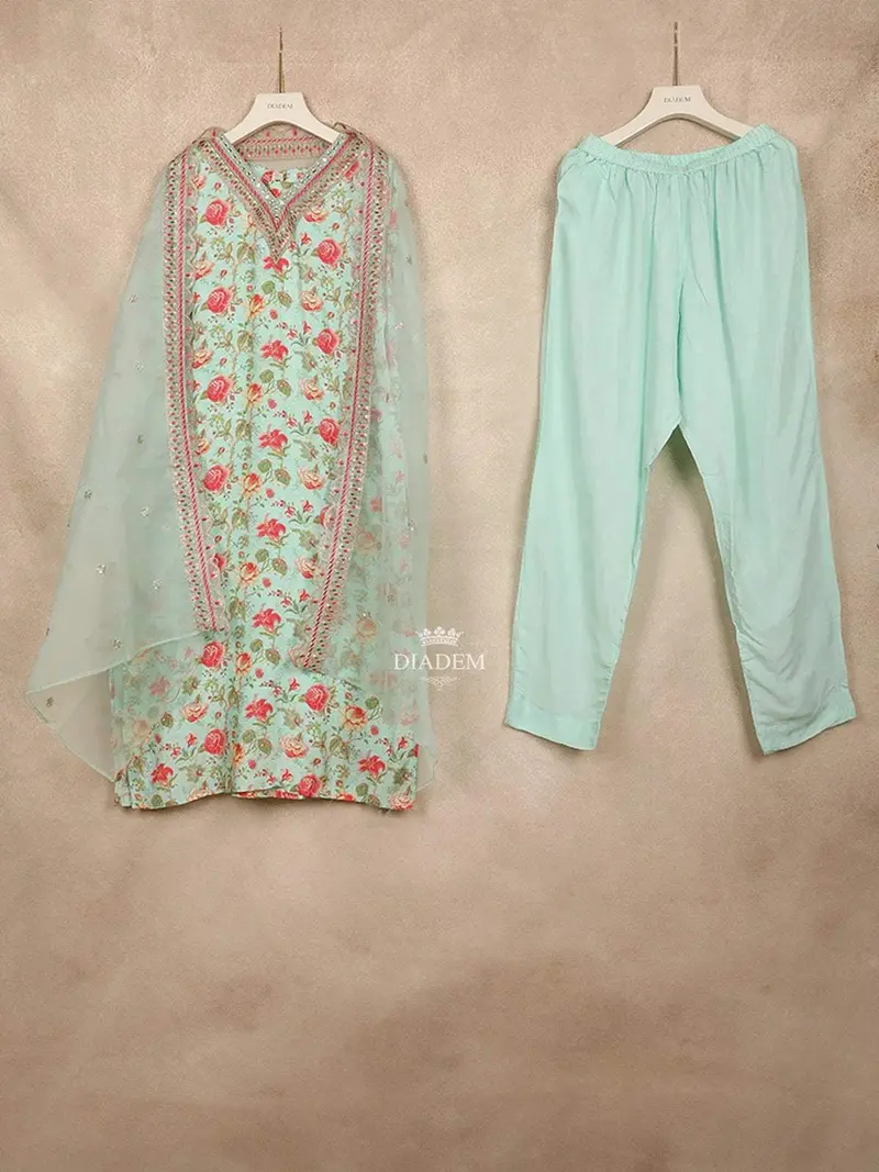 Light Green Straight Cut Salwar Suit Embellished With Embroidered Mirror Floral Design, Paired With Dupatta 1