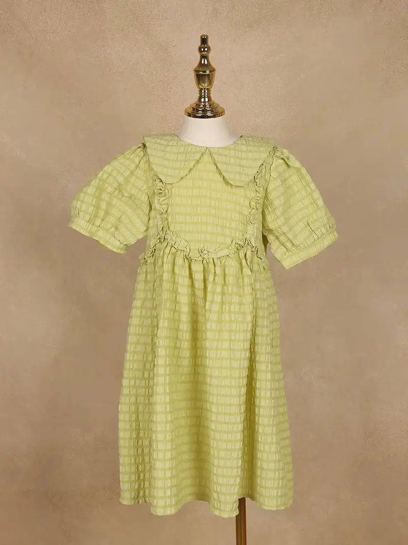 Light Green Textured Puff Sleeve Cotton Gown For Girls 1