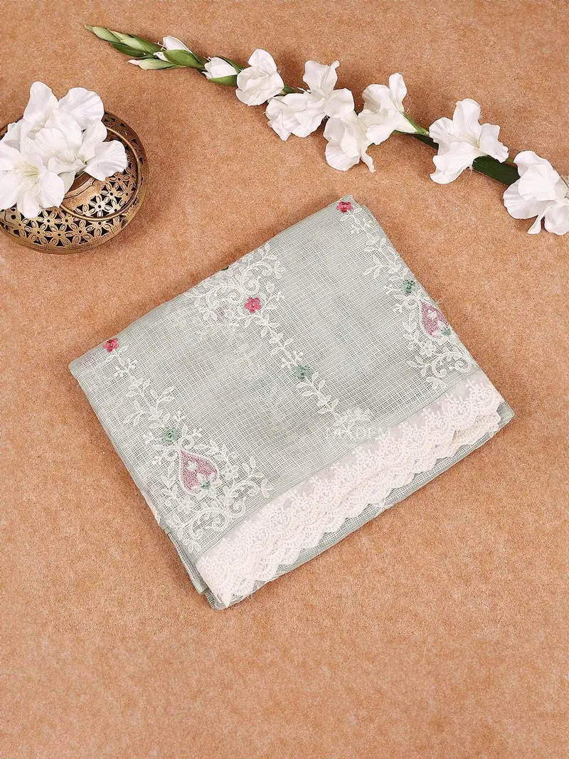 Light Green Tissue Banarasi Saree With Chikankari And Lace Border 1