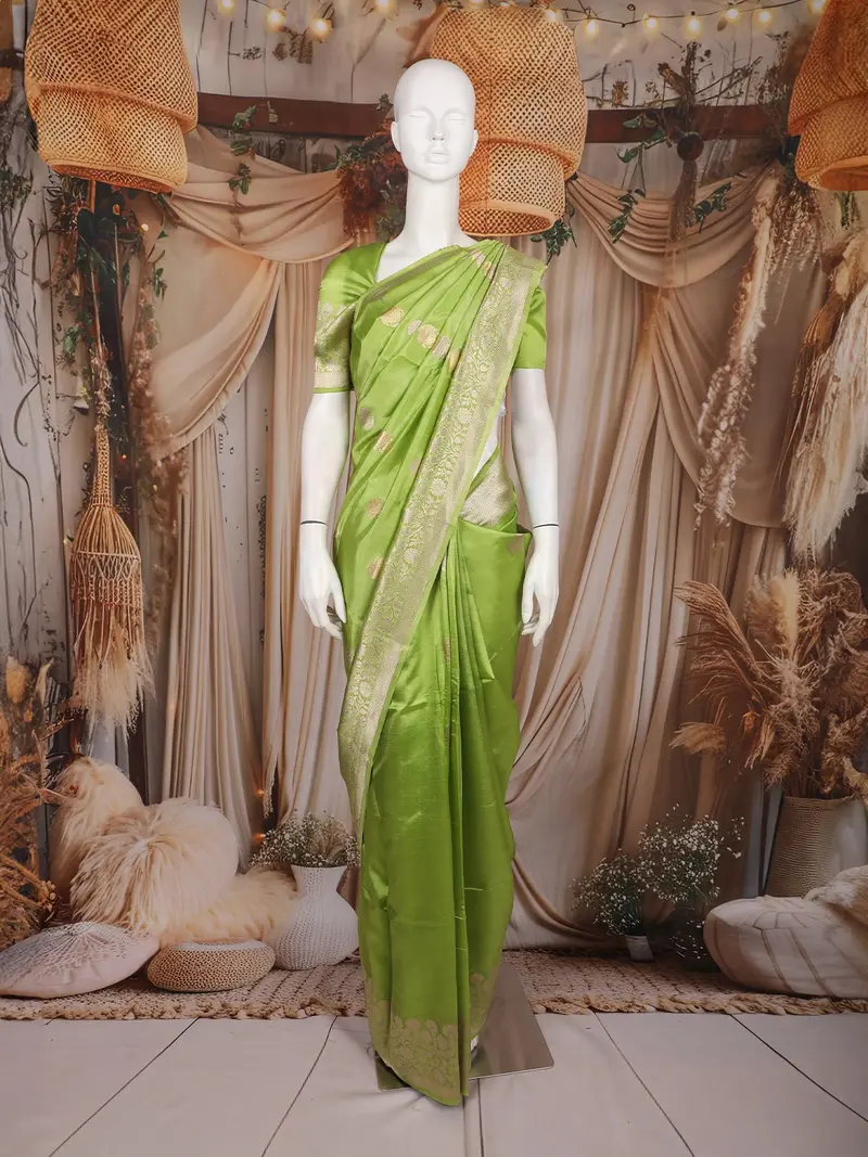 Light Green Zari Butta Woven Design Pure Banarasi Saree With Zari Woven Border 1