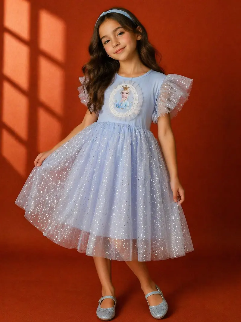 Light Grey Blue Net Gown Embellished With Glitters And Barbie Prints 1