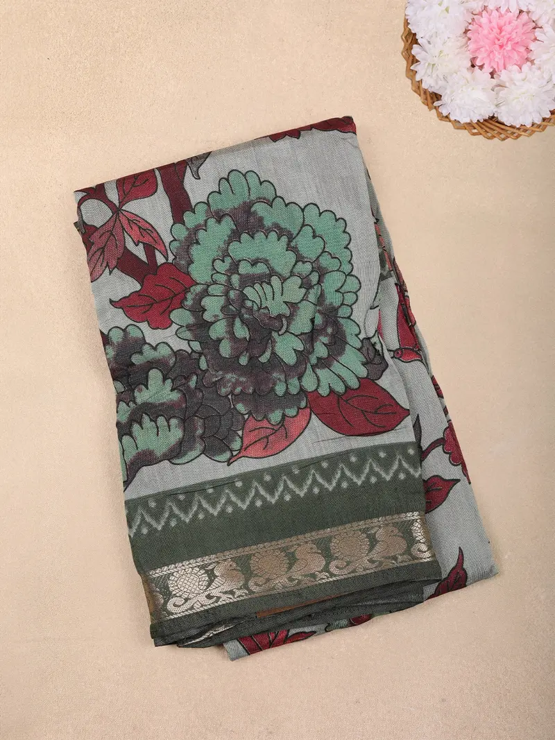 Light Grey Floral Printed Chanderi Cotton Saree With Green Zari Border 1