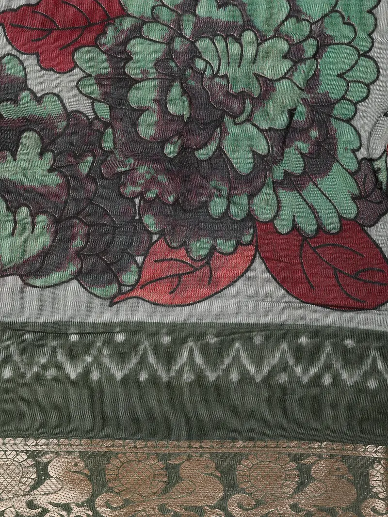 Light Grey Floral Printed Chanderi Cotton Saree With Green Zari Border 2