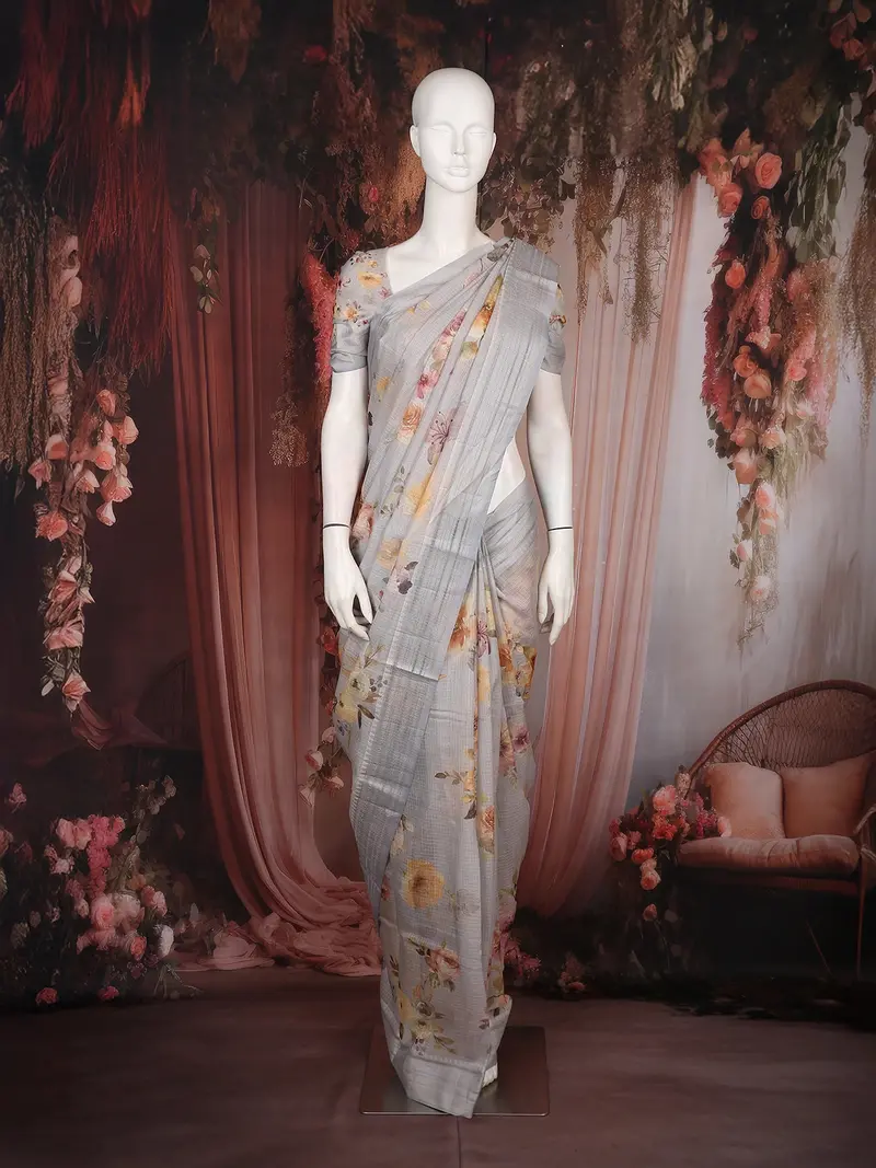 Light Grey Floral Printed Kota Cotton Saree With Woven Border 1