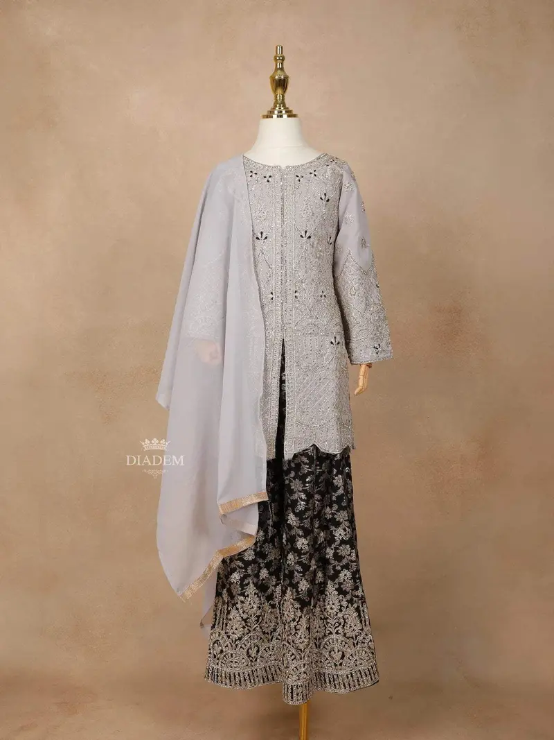 Light Grey Georgette Palazzo Suit Embellished With Stones And Threadwork, Paired With Dupatta 1