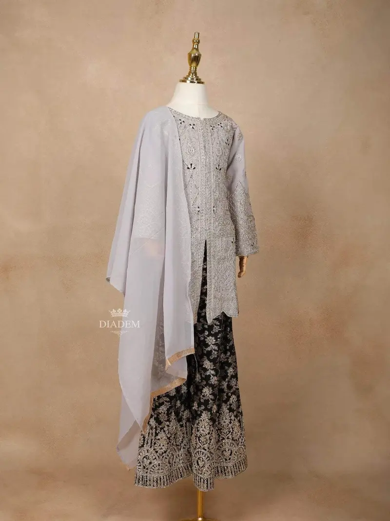 Light Grey Georgette Palazzo Suit Embellished With Stones And Threadwork, Paired With Dupatta 2