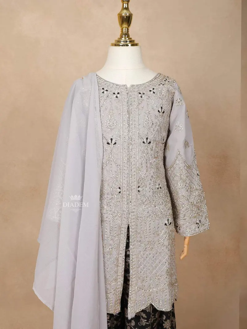 Light Grey Georgette Palazzo Suit Embellished With Stones And Threadwork, Paired With Dupatta 4