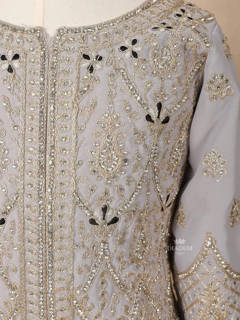 Light Grey Georgette Palazzo Suit Embellished With Stones And Threadwork, Paired With Dupatta 5