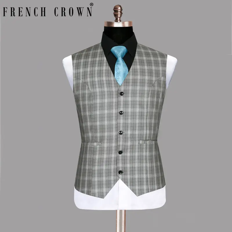 Light Grey Plaid Wool Blend Waistcoat 1