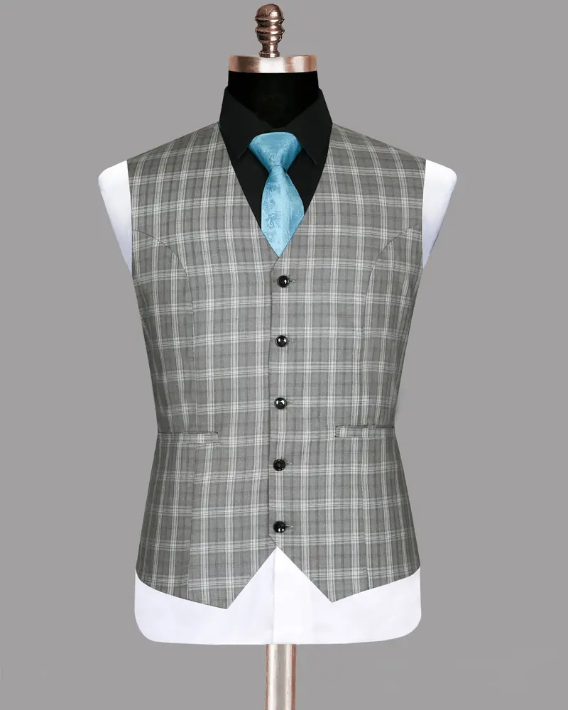 Light Grey Plaid Wool Blend Waistcoat 2