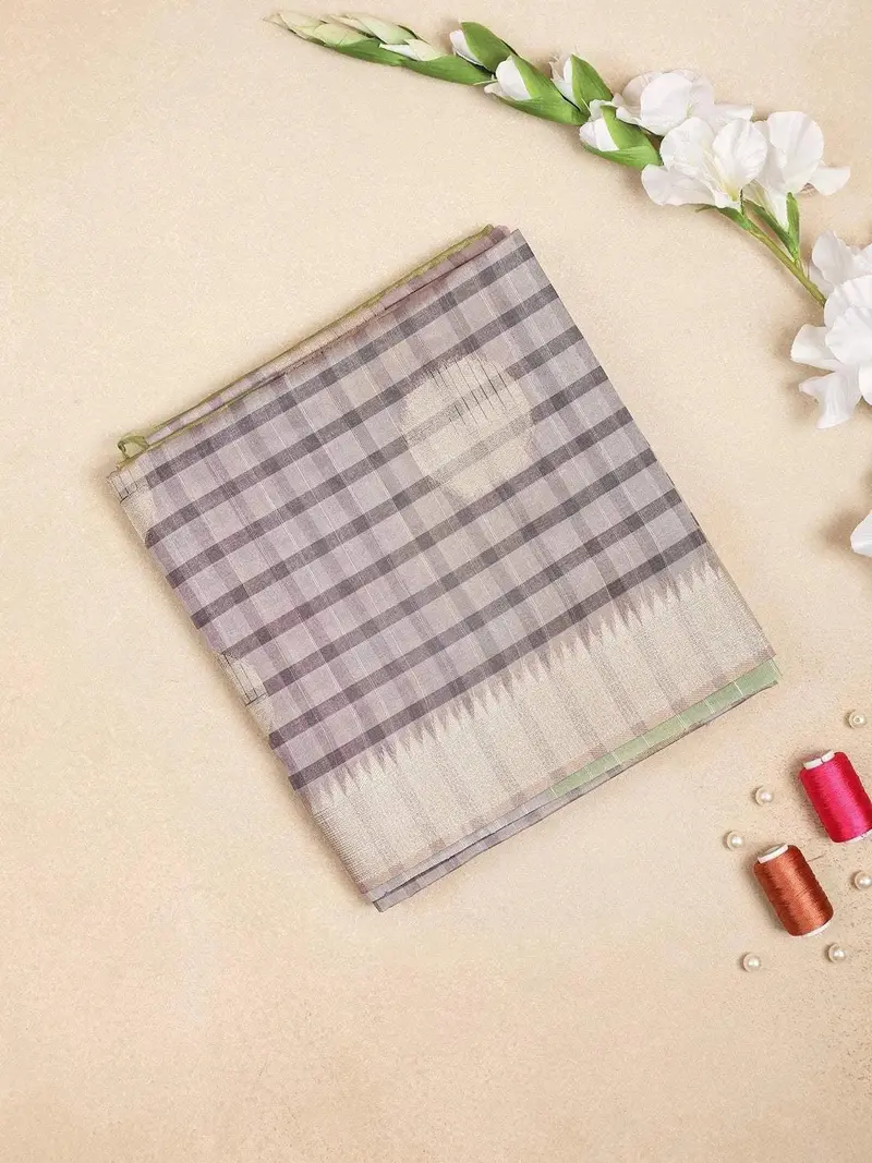 Light Grey Semi Tussar Silk Saree With Check And Circle Design On The Body With Thread Border 1