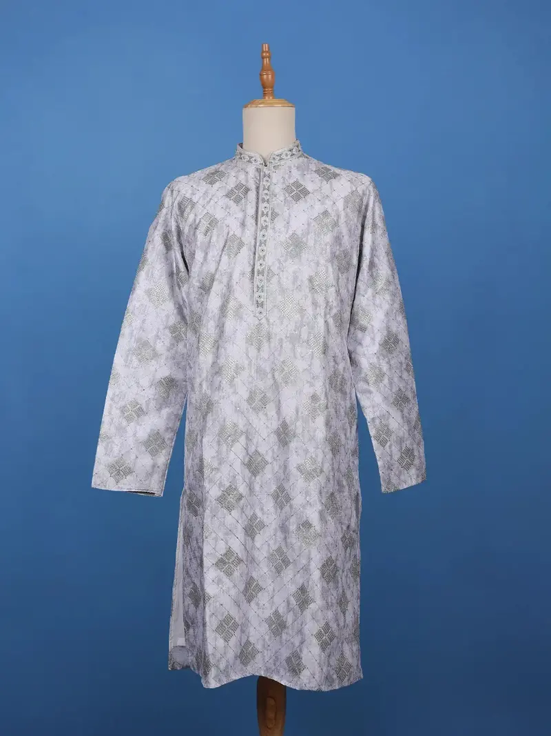 Light Grey Sequin Designed Cotton Kurta 1