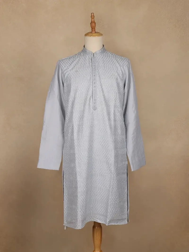 Light Grey Thread Embroidered Cotton Kurta For Men 1