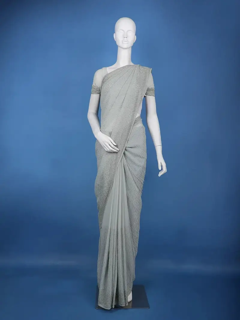 Light Grey Zigzag Sequin Embllishment Tussar Silk Saree 1