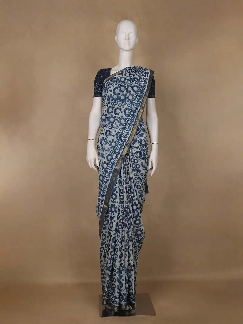 Light Greyish Blue Floral Printed Cotton Saree 1