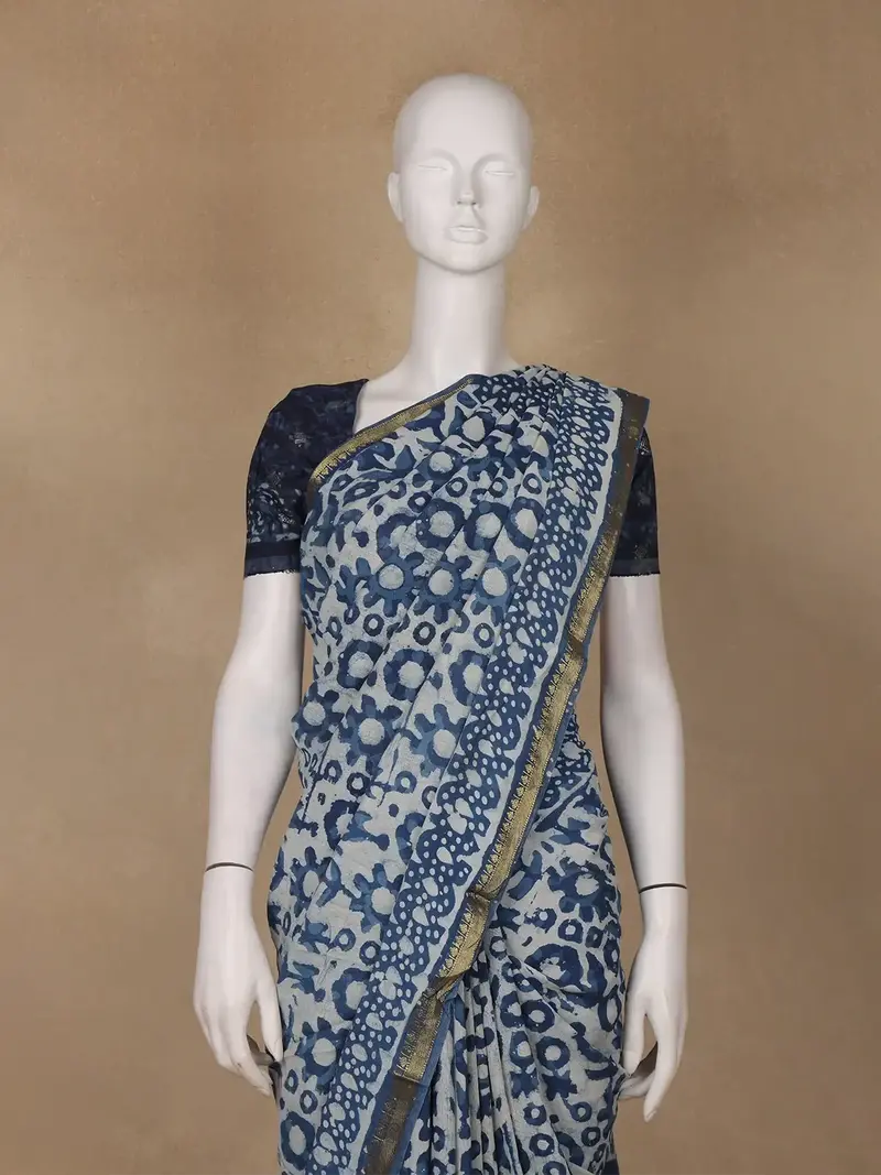 Light Greyish Blue Floral Printed Cotton Saree 2