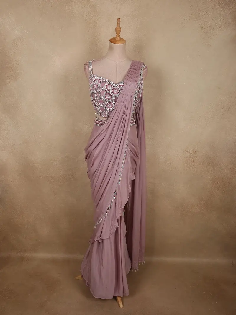 Light Lavender Beads Embroidered Design Georgette Ready To Wear Saree With Designer Blouse 1