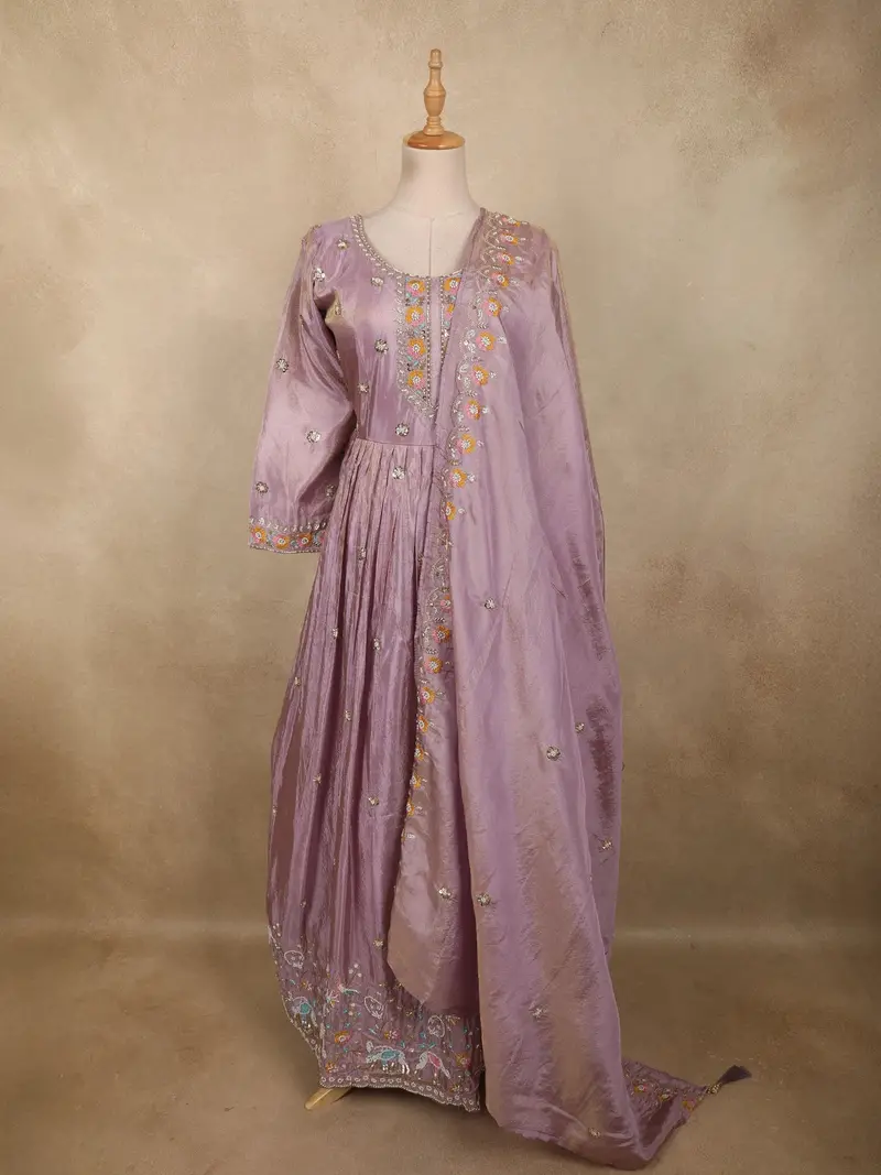 Light Lavender Floral Beads Embroidered Design Organza Gown With Dupatta 1