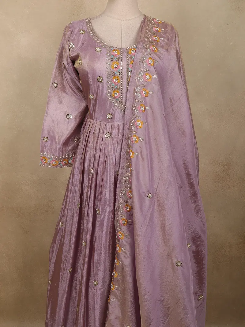 Light Lavender Floral Beads Embroidered Design Organza Gown With Dupatta 2