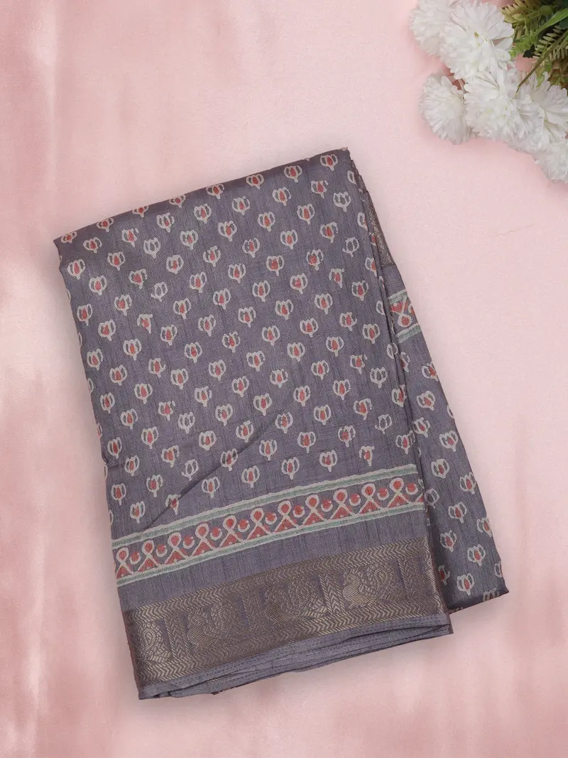 Light Lavender Floral Butta Printed Design Crepe Silk Saree 1