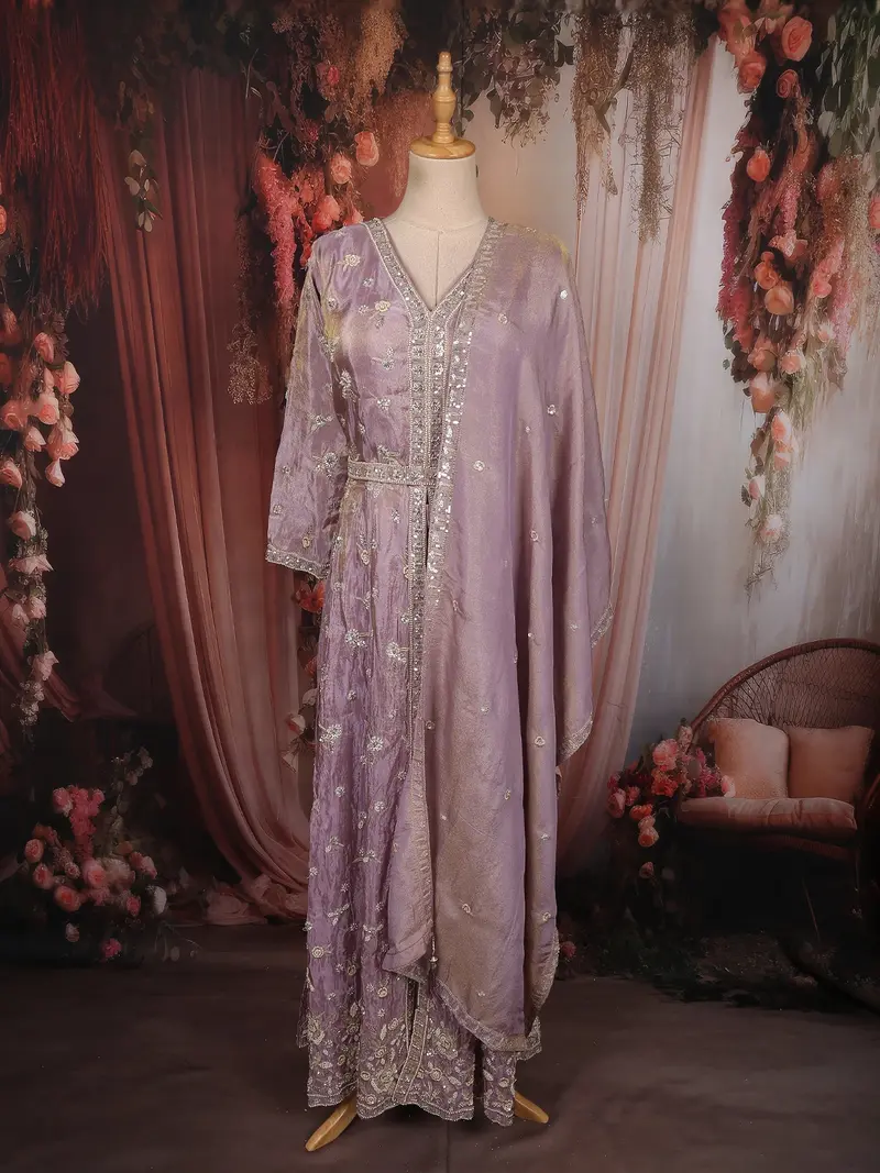 Light Lavender Floral Sequins And Beads Embroidered Design Tissue Organza Salwar With Dupatta 1