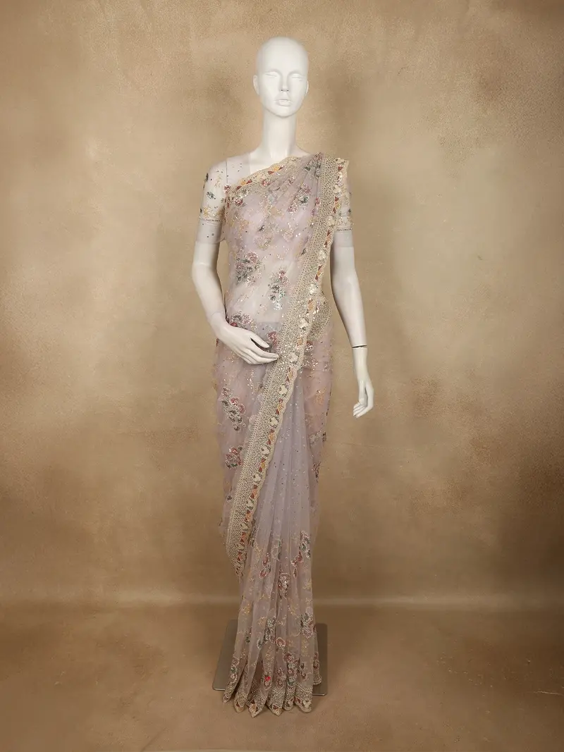 Light Lavender Floral Sequins Embroidered Design Net Designer Saree With Scalloped Border 1