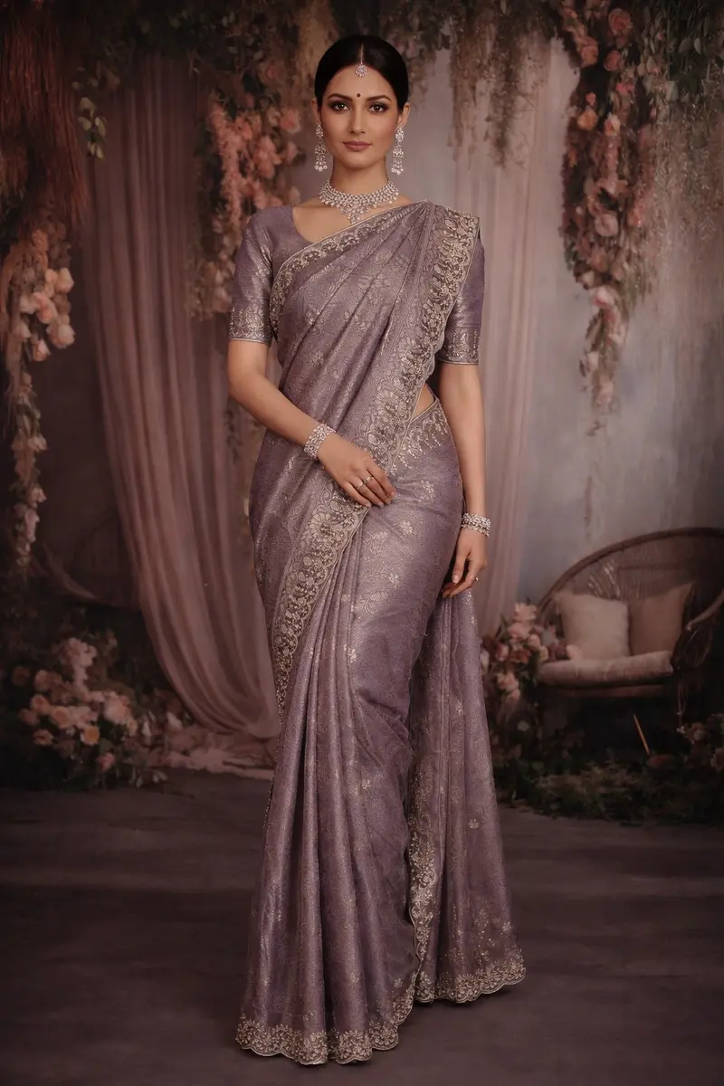 Light Lavender Floral Sequins Embroidered Design Pure Tissue  Silk Saree With Scalloped Border 1