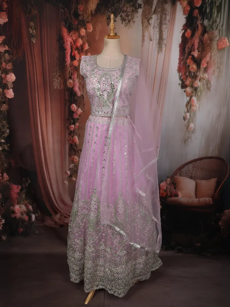 Light Lavender Floral Thread And Mirror Embroidered Design Net Lehenga With Dupatta 1