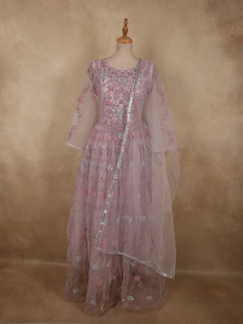 Light Lavender Floral Thread And Sequins Embroidered Design Net Gown 1