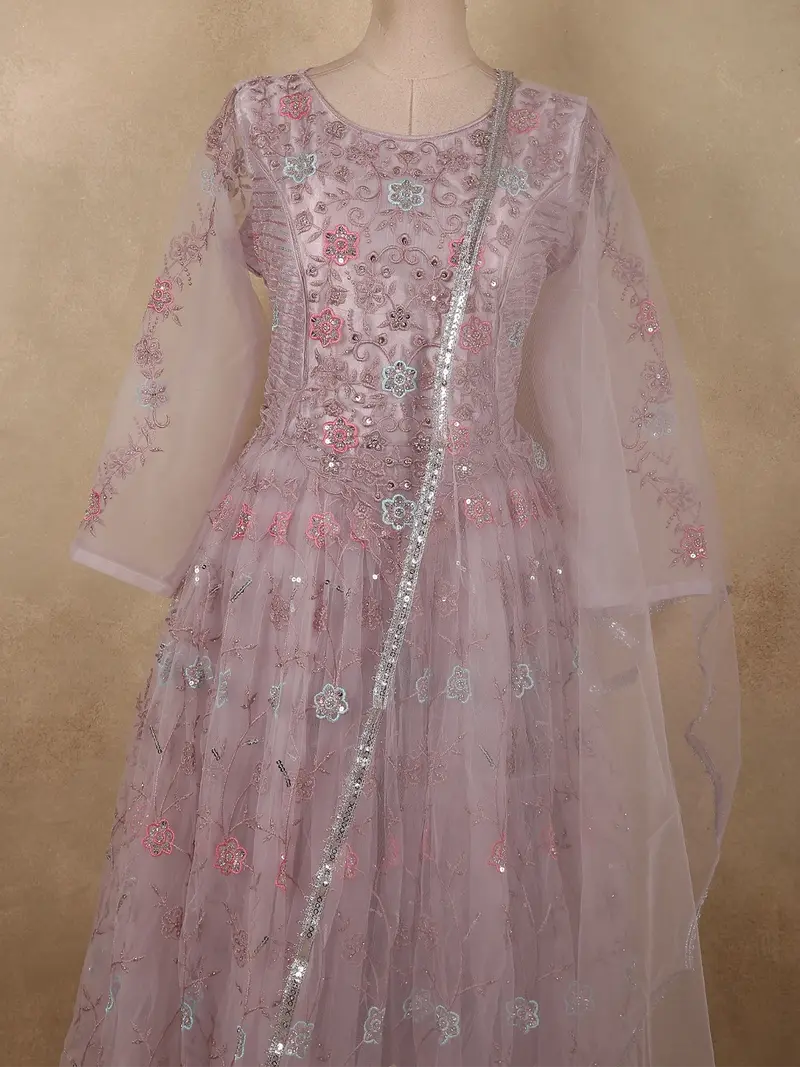 Light Lavender Floral Thread And Sequins Embroidered Design Net Gown 2