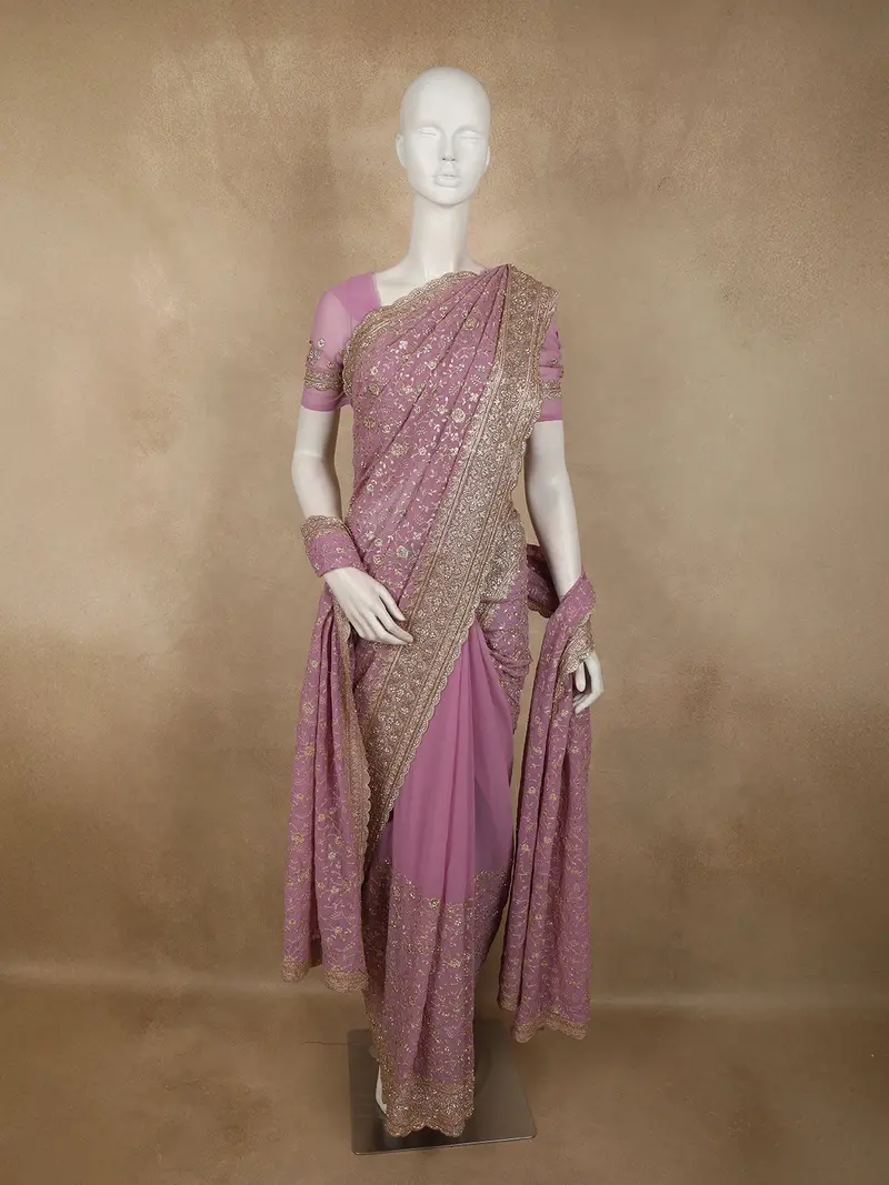 Light Lavender Floral Vine Zari And Mirror Embroidered Design Georgette Fancy Saree With Designer Scarf 1