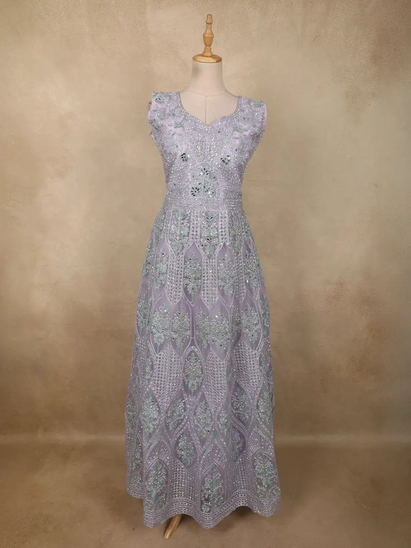 Light Lavender Mirror And Beads Embroidered Design Net Gown With Dupatta 1