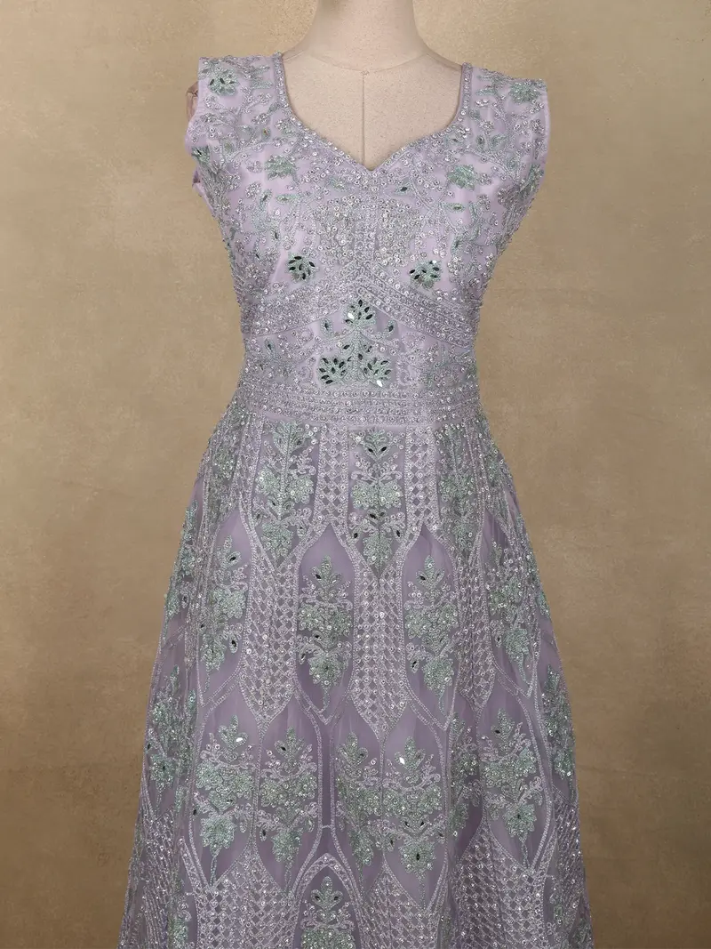 Light Lavender Mirror And Beads Embroidered Design Net Gown With Dupatta 2