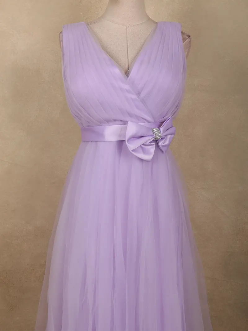 Light Lavender Pleated Design With Bow Embellishment Net Party Wear Gown 2
