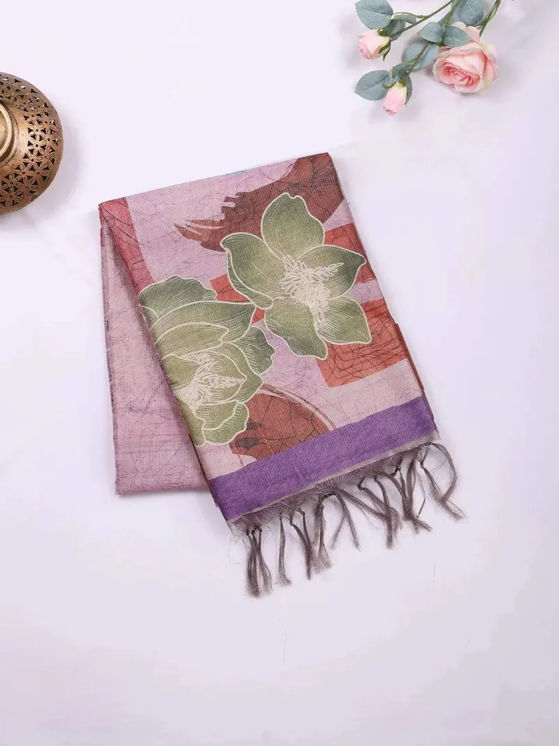 Light Lavender Semi Tussar Silk Saree With Flower Design On The Body And Without Border 2