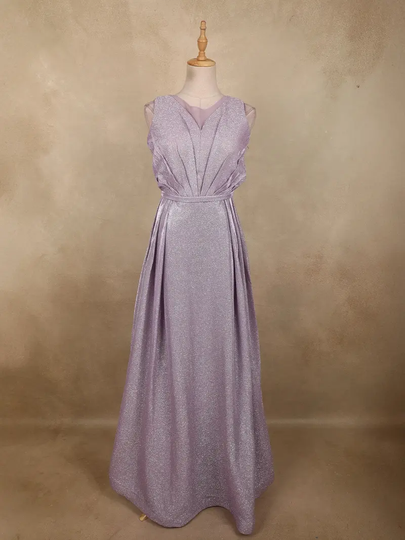 Light Lavender Shimmer Solid And Glitter Design Party Wear Gown With With Pleated Bodice 1