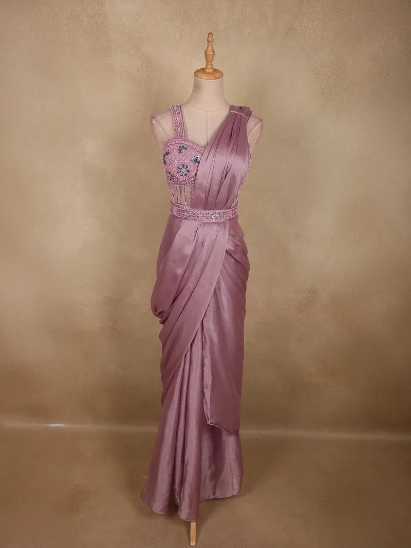 Light Lavender Solid Design Georgette Ready To Wear Saree With Designer Blouse 1