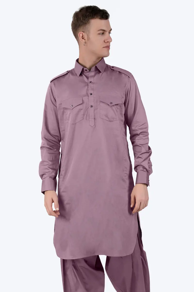 Light Mauave Purple Subtle Sheen Super Soft Premium Cotton Pathani Kurta 6